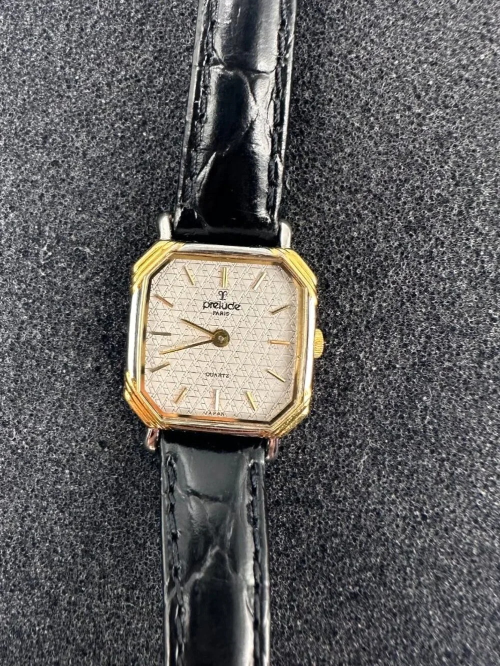 Vintage Prelude Watch Women Gold Tone Square Dial Black Leather Band New Battery